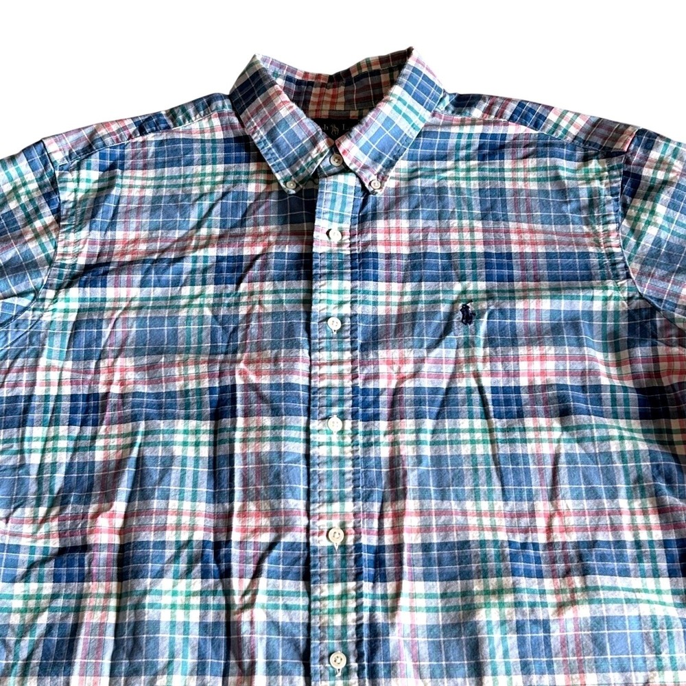 Ralph Lauren Shirt Mens XL Blue Pink Plaid Classic Fit Short Sleeve Preppy‎